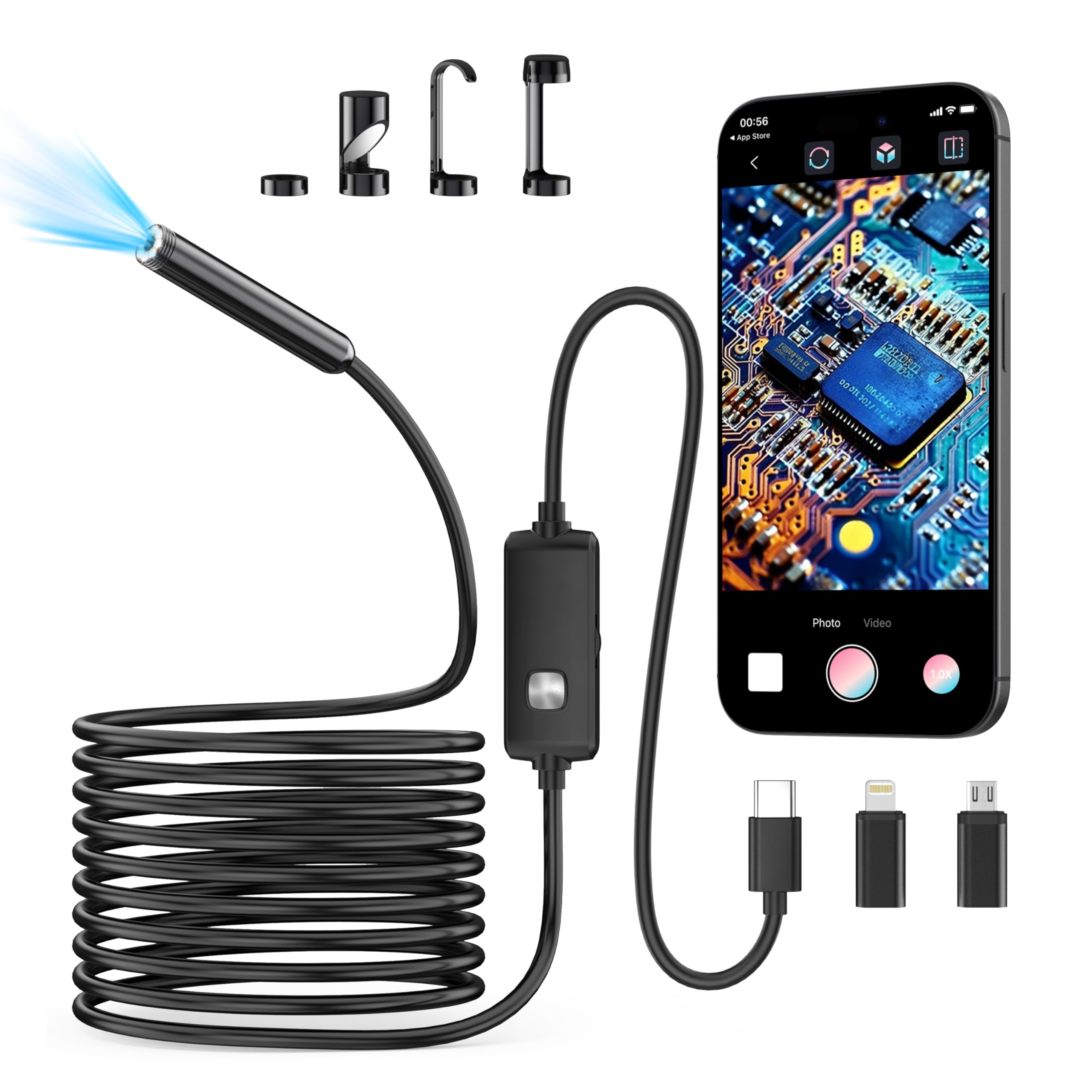 Endoscope Camera with Light,1920P HD Borescope with 8 Adjustable